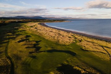 Golf holidays in scotland - Aerial view 14th par 4 from behind the green looking back to the tee at Royal Dornoch,Championship Course, Dornoch,Sutherland,Scotland.