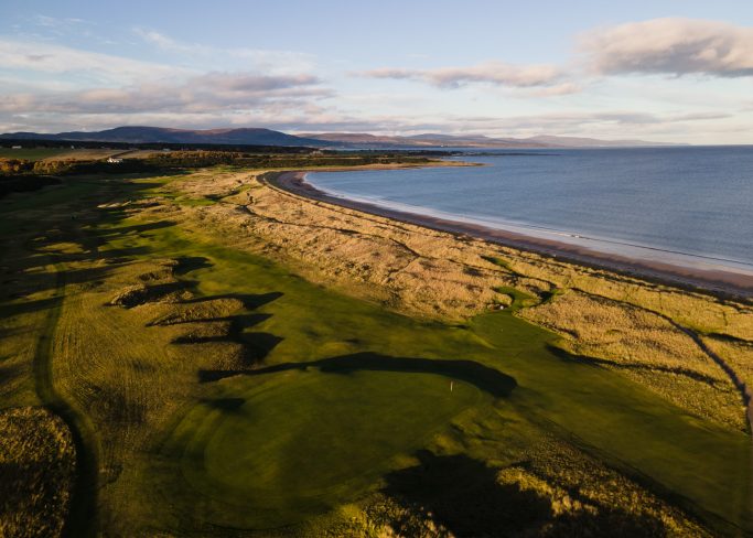 Golf holidays in scotland - Aerial view 14th par 4 from behind the green looking back to the tee at Royal Dornoch,Championship Course, Dornoch,Sutherland,Scotland.